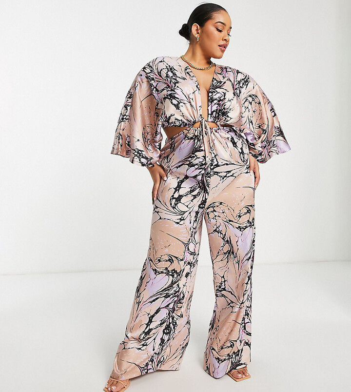 ASOS DESIGN Curve kimono sleeve satin jumpsuit in marble print - ShopStyle