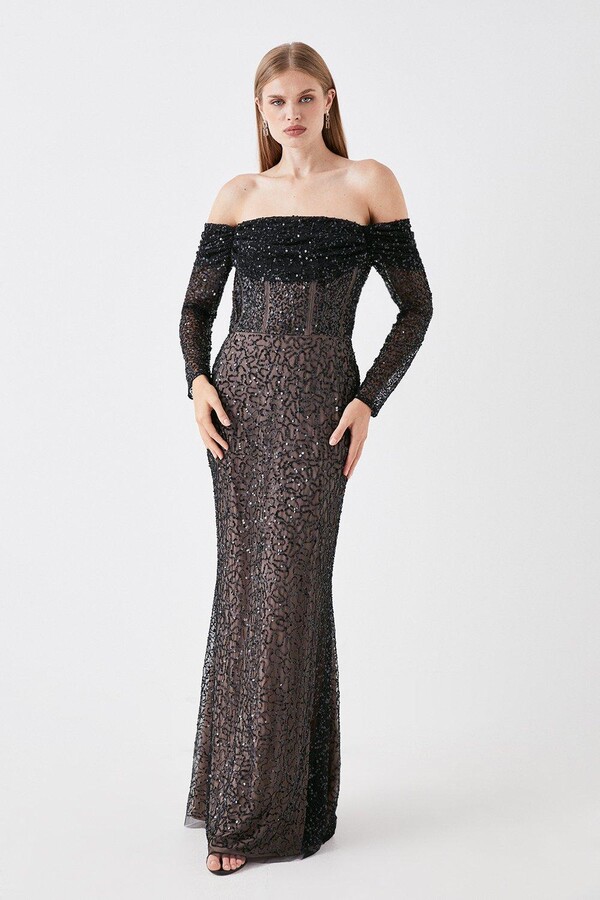 Coast Draped Bardot Sequin Long Sleeve Maxi Dress ShopStyle