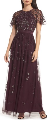 Adrianna Papell Womens Long Tulle Dress Beaded Special Occasion Dress