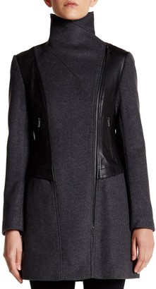 Mackage Genuine Leather Trim Drape Front Wool Blend Coat