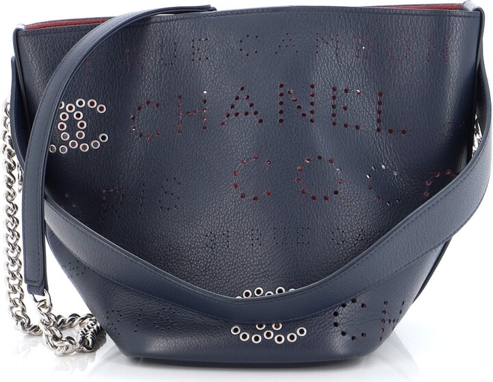 Chanel 2019 Perforated Logo Eyelet Small Shopping Bag Black Leather