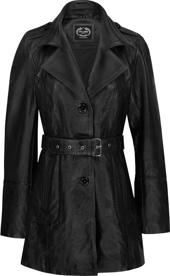 Xposed Womens MOD 3/4 Length Smart Fitted Real Leather Coat Classic Vintage Belted Ladies Trench