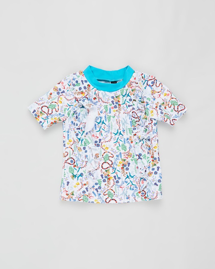 Aqua Blu Kids Girl's Blue Rash Vests Woodlands Frill Short Sleeve