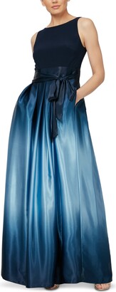 SL Fashions Ombre Satin Bow Sash Gown - Navy/Light Blue