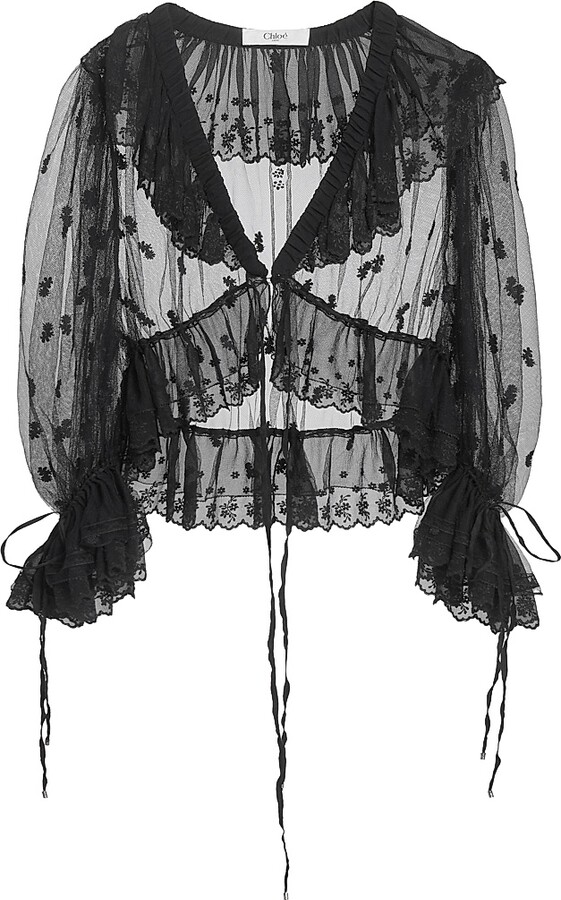 Chloé Women's Ruffled Sheer Lace Top - Black - Size 2