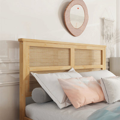 Alwyn Home Full Size Bed With Rattan Headboard, Two Storage Drawers, Rubber Wood Bed With Enhanced Support Salts And Feet