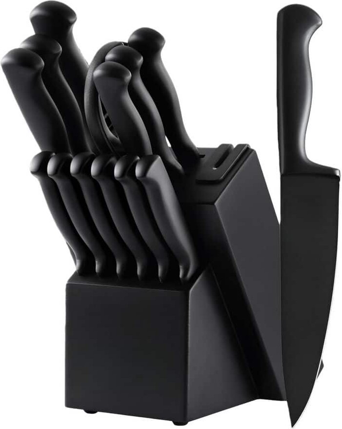 Wudkey 15-Piece Black German Stainless Steel Forged Kitchen Knife Set with Knife Block Built-in Sharpener for Kitchen Cooking