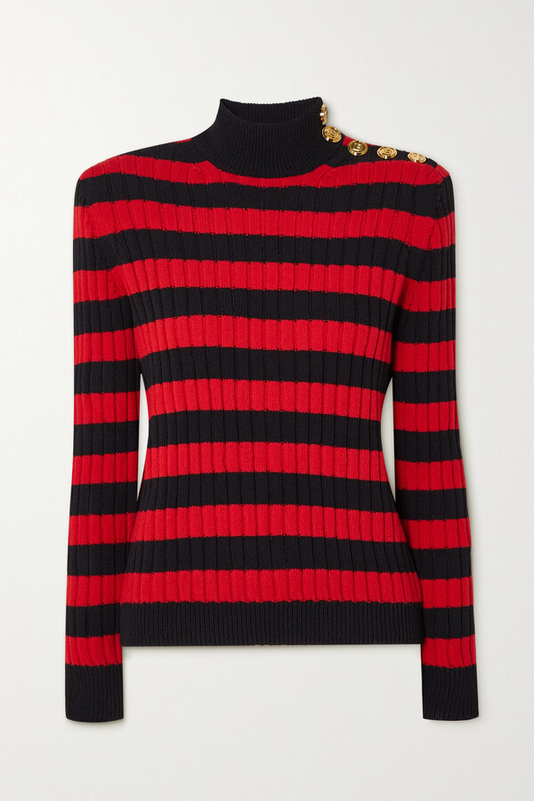 Red Balmain Wool Blend Knit Striped Sweater in Red/Black Womens Clothing Jumpers and knitwear Jumpers 