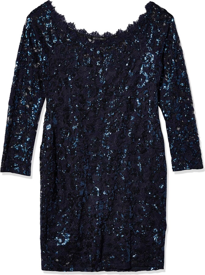 Marina Women's Long Sleeve Sequin Cocktail Dress ShopStyle