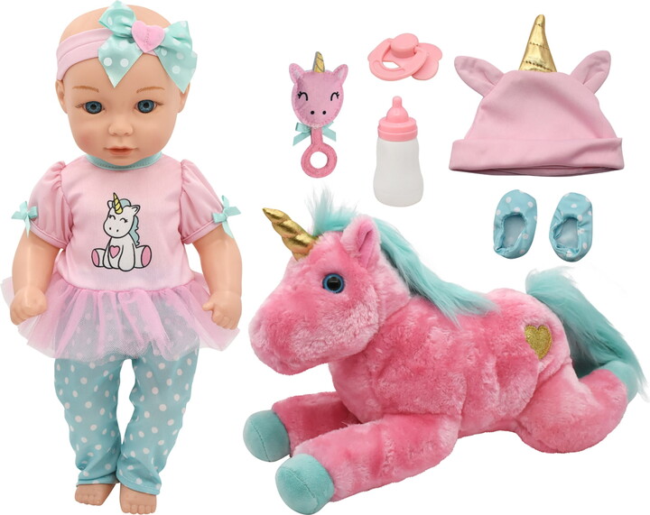 Little Darlings 15" Hop On Baby Set - Unicorn, Pink, Green - Hard Body Baby Doll, Large Plush Unicorn, Hat & Accessories, New Adventures, Kids Age 3+