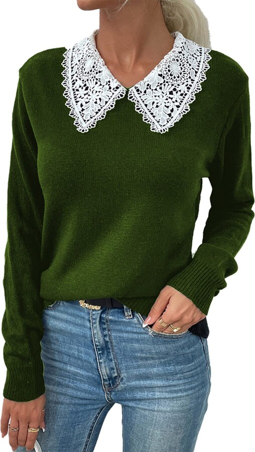 Cocoarm Women's Elegant Knit Sweater Long Sleeve Lace Collar Knit