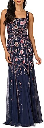 Beaded Mesh Floral Godet Gown