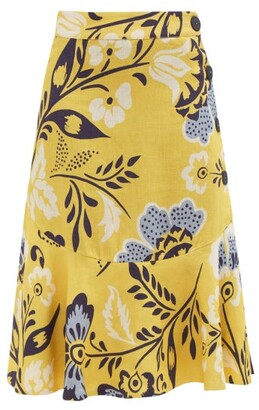 CALA DE LA CRUZ Vivian Floral-print Linen Midi Skirt - Yellow Print