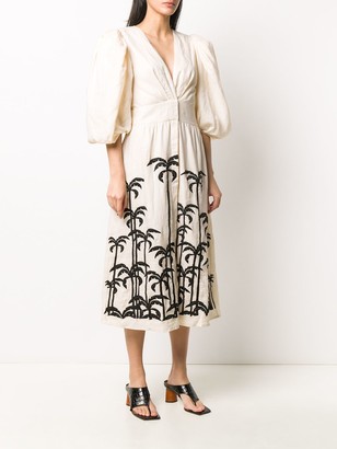 Johanna Ortiz Palm Tree Puff-Sleeve Midi Dress