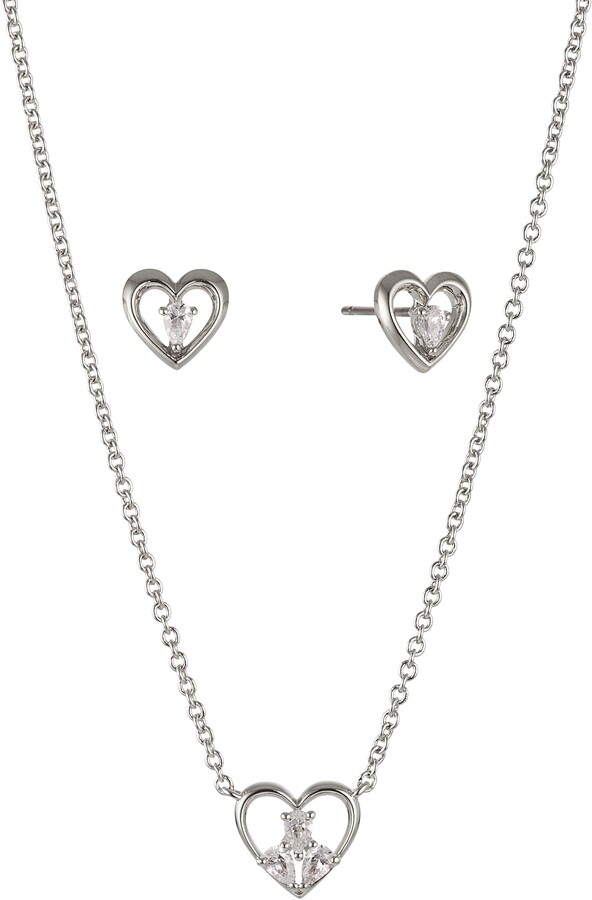 Blue/ Clear Crystal Heart Pendant with Silver Tone Chain and Stud Earrings Set 