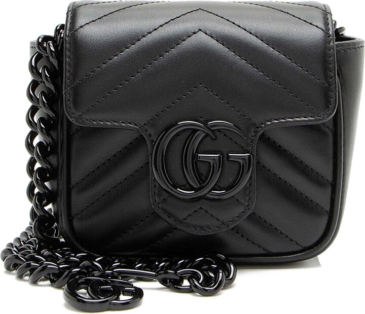 Gucci Black Matelasse Leather GG Marmont Monochrome Square Chain Belt Bag (Authentic Pre-Loved)