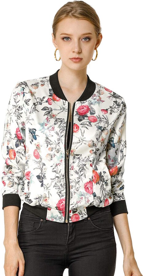 Allegra K Women's Stand Collar Lightweight Zip Up Floral Bomber Jacket  White M-12 - ShopStyle