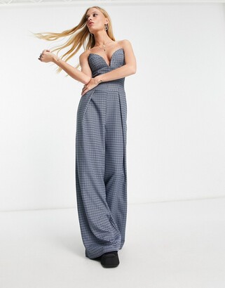 ASOS DESIGN tailored strapless bustier jumpsuit with wide leg in check -  ShopStyle