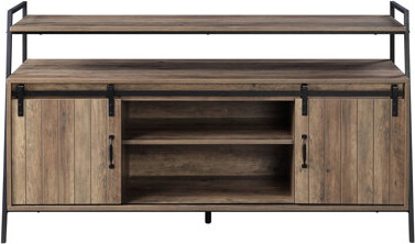 Ophelia & Co. 60-Inch Tv Stand With Sliding Barn Doors, Black Metal And Rustic Oak, 6 Compartments, 1 Open Compartment, Suitable For 50 - 59 Inch Tvs In Living Spac