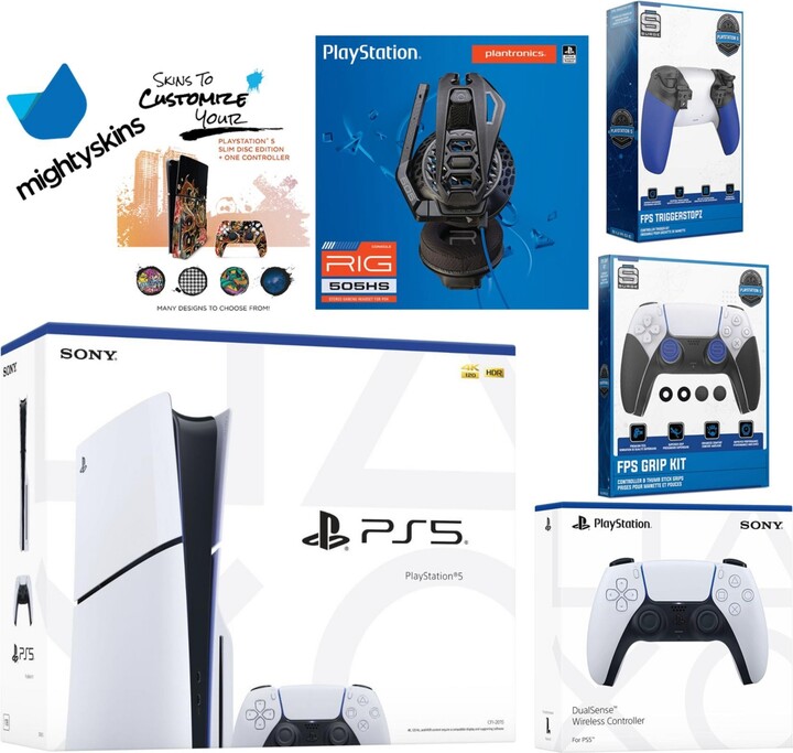 Sony Playstation 5 Slim Disc Bundle with Extra Controller, Plantronics Headset, Trigger Stop Kit, Fps Grip Kit and MightySkins Decal Voucher