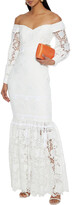 Thumbnail for your product : Badgley Mischka Off-the-shoulder bow-embellished guipure lace gown