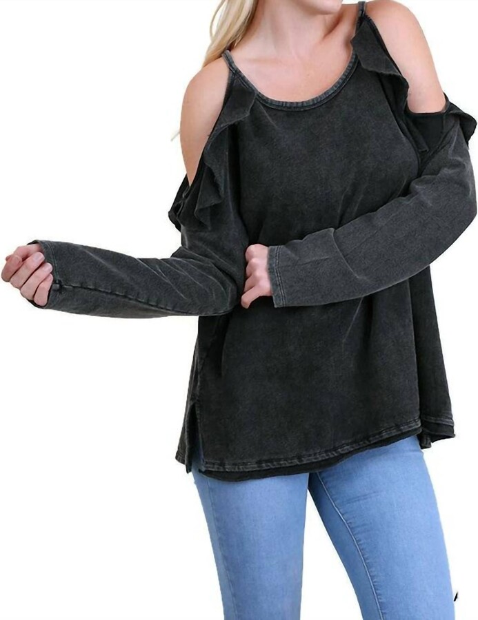 umgee Ruffled Open Shoulder Tunic - Plus In Black