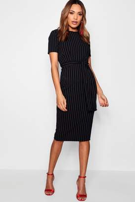 boohoo Pinstripe Belted Tailored Dress
