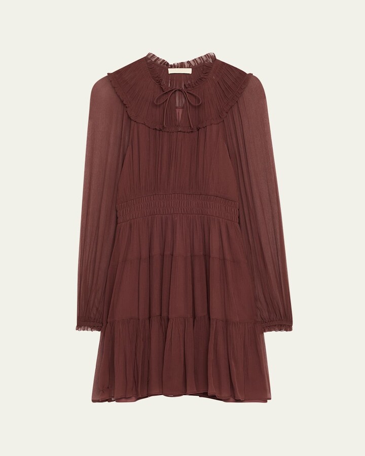 Ulla Johnson Ava Long-Sleeve Tiered Silk Mini Dress