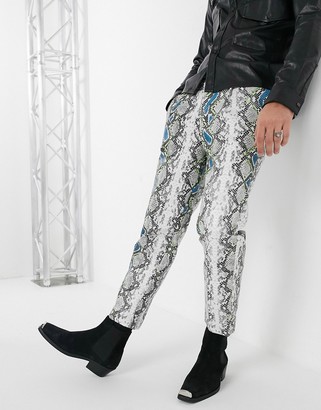 ASOS EDITION tapered trousers in grey faux leather with snake print and neon