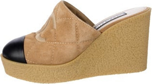 Chanel Suede Mules From the 2024 Collection by Virginie Viard Black & Neutrals Interlocking CC Logo Rubber Trim Round-Toes Platform Designer