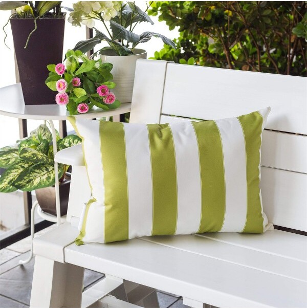TramullGreenHorizonStripePillow14x20InchesIndoorOutdoorDecorativePillowCoverWaterResistantSolariumPolyester