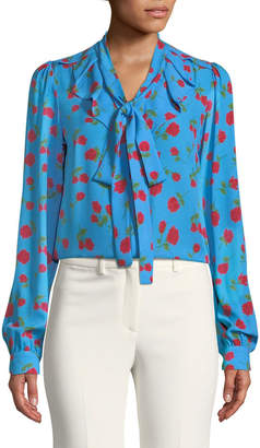 Michael Kors Button-Down Tie-Neck Scattered Rose-Print Silk Georgette Blouse
