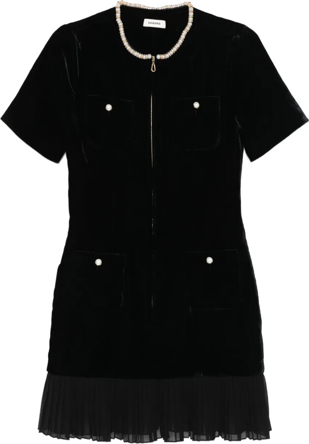 Sandro Pearl-Embellished Pleated-Hem Mini Dress