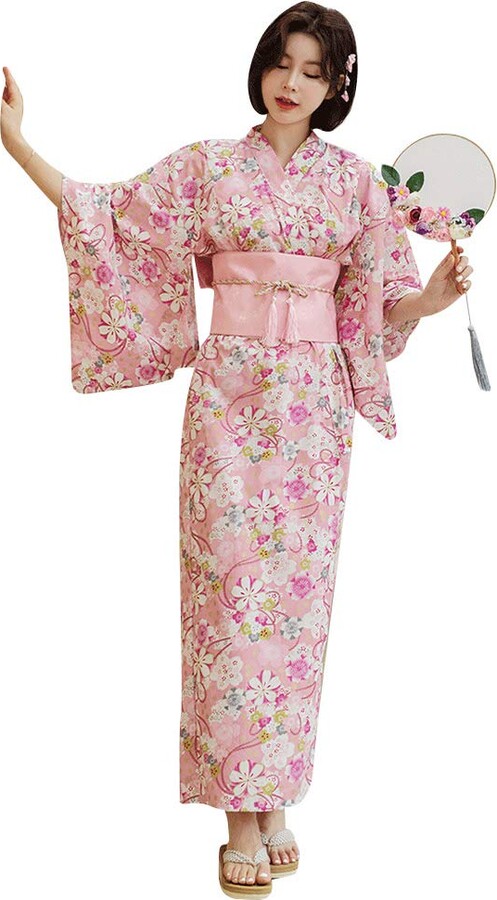 Hongh Women's Traditional Japanese Kimono Pink Peach Blossom Print Yukata  Long Robe with Obi Belt - - Large - ShopStyle Lingerie & Nightwear