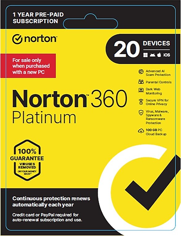 Norton Co. 360 Platinum Software for 20 Users, Windows/Mac/Android/iOS, Product Key Card (21463271)