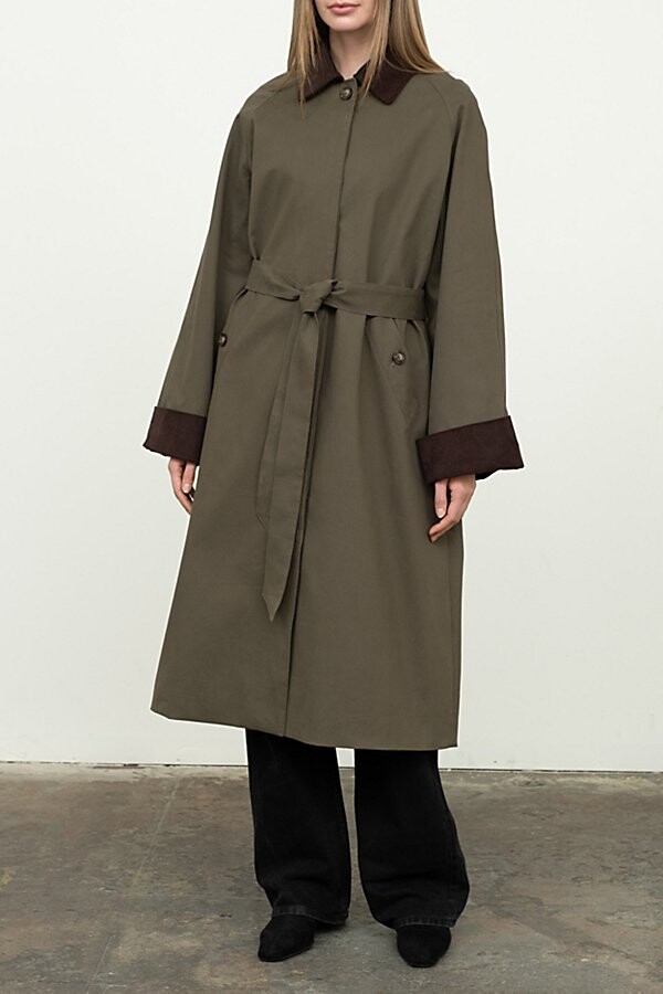 Moon River Corduroy Trim Long Trench Coat Jacket in Green