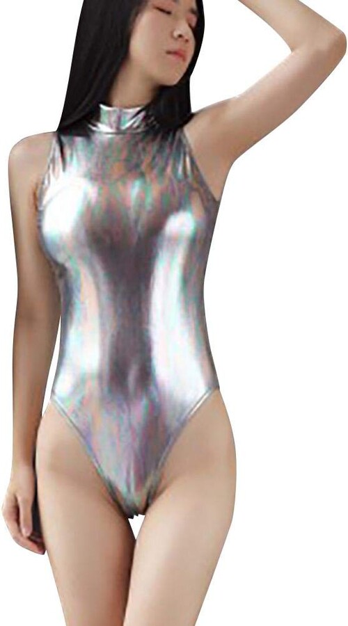IMEKIS Women Sleeveless Bodysuit Leotard Shiny Metallic Gymnastic Ballet Dancewear Zipper Back Jumpsuit High Cut Romper Top Dance Clubwear