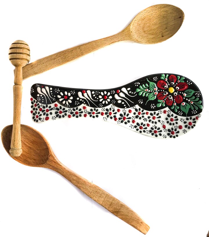 Handmade Spoon Holder, Ceramic Handcrafted, Hand Painted Turkish Pottery, Talavera Rest For Kitchen Deco, Gift Black Lover