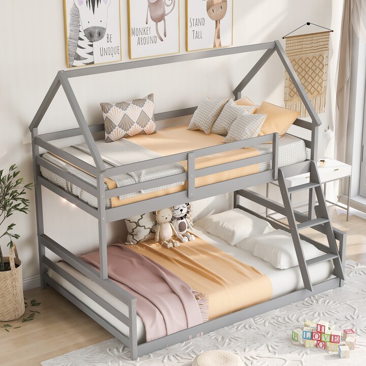 GEROJO Twin over Full House Bunk Bed with Builtin Ladder, Solid Wood