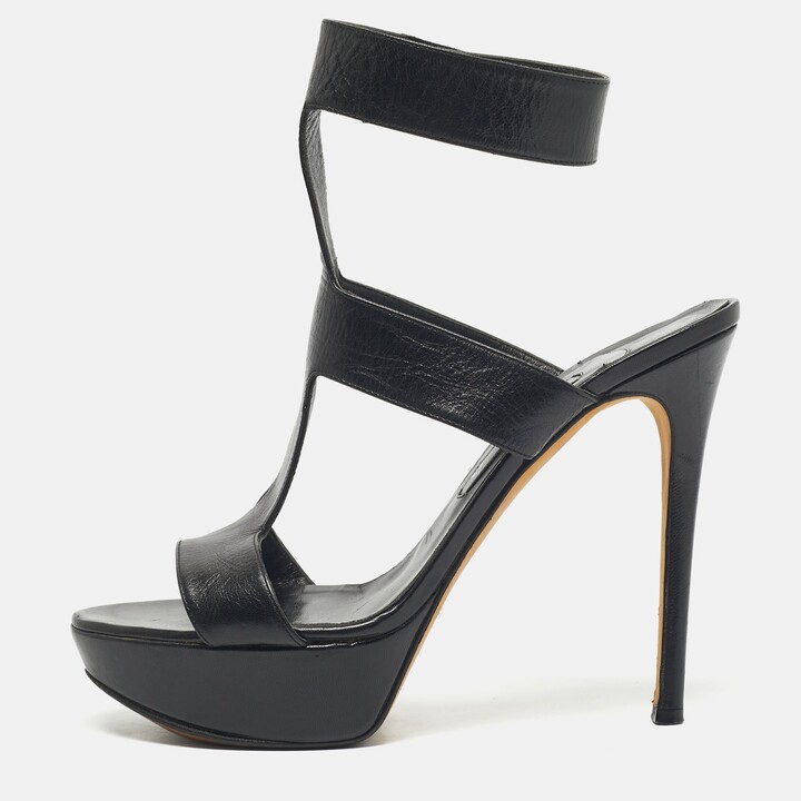 Gina Black Leather Platform Ankle Strap Sandals