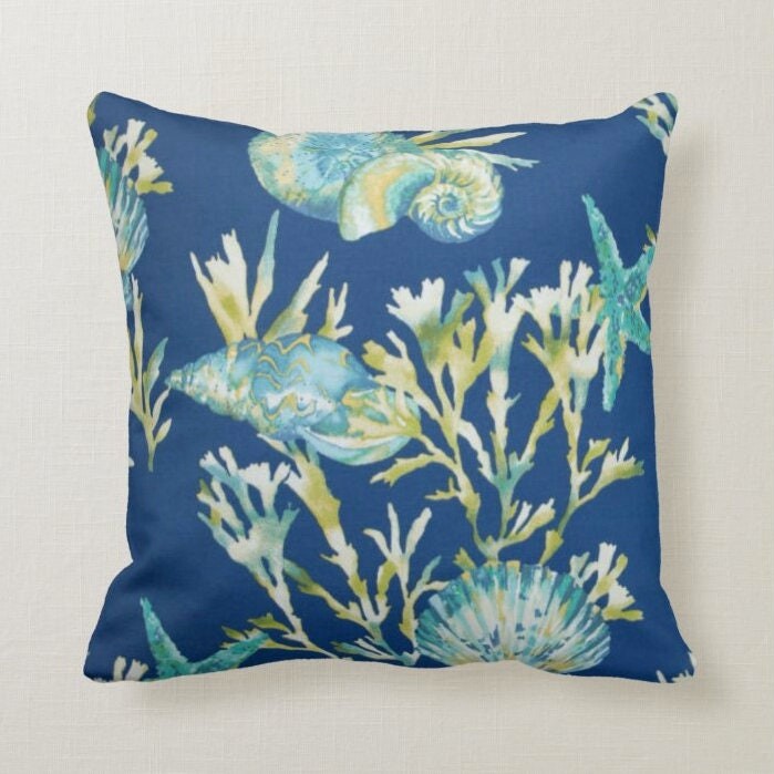 18" Outdoor Pillow Cover /Aqua/ Navylime /Lt Blue Shells & Sealife