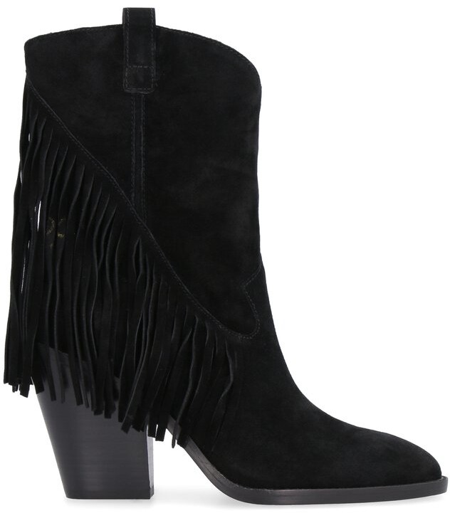 black suede booties with fringe
