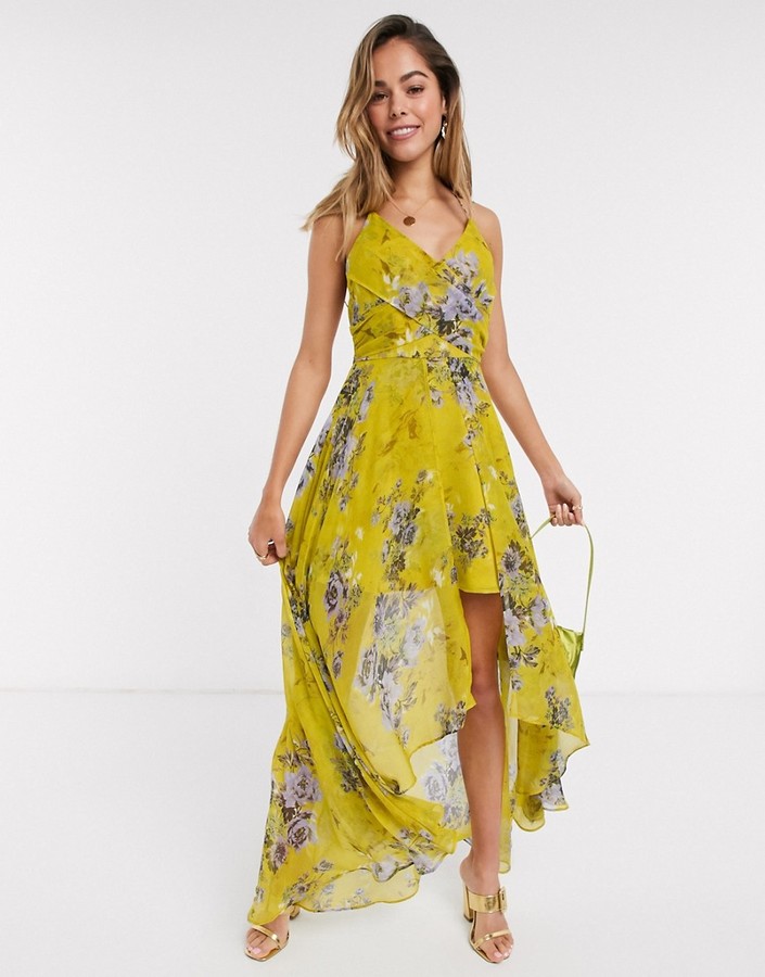 ASOS DESIGN wrap front maxi dress with dipped hem in yellow based floral  print - ShopStyle