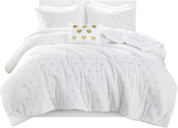 LavishLodge Twin/Twin Xl 3 Pcs Metallic Printed Comforter With White/Gold Ultra Soft Microlight Fabric, , , Machine Washable Heart Throw Pillow, Microfiber Revers