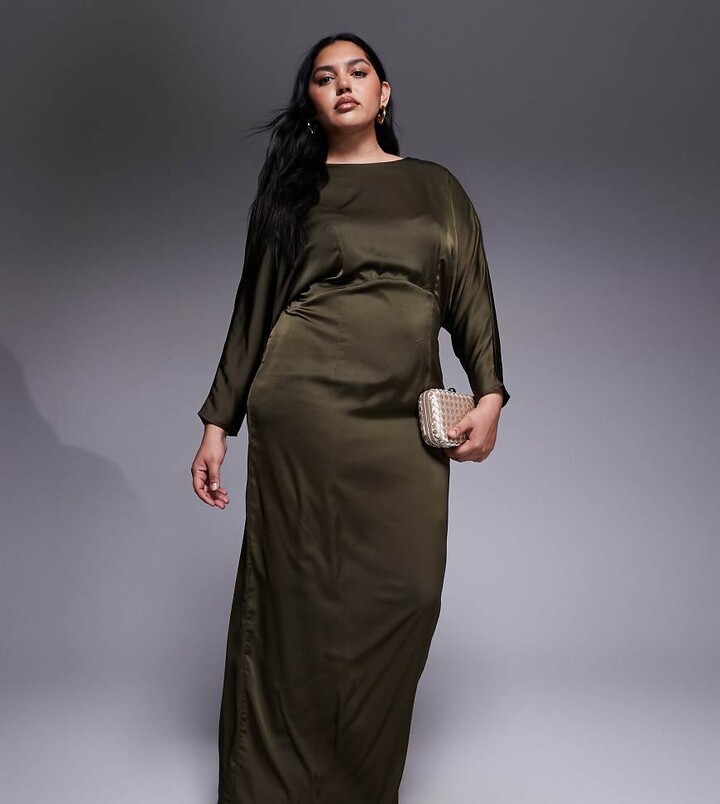 TFNC Plus long sleeve satin cowl back maxi dress in olive green