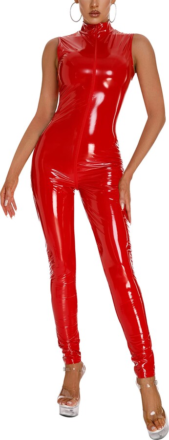 FEOYA Women's Trouser Suit Overall Slim Fit Catsuit Patent Leather ...