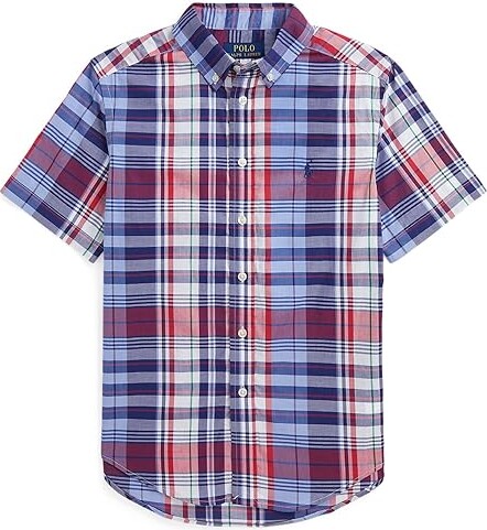 Polo Ralph Lauren Kids Geometric Poplin Short Sleeve Shirt (Big Kids)  (Blue/Red Multi) Boy's Clothing - ShopStyle