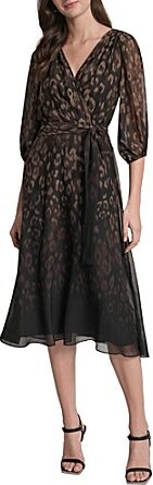 DKNY by Donna Karan Leopard Print Chiffon 34 Balloon Sleeve Faux Wrap Midi Dress