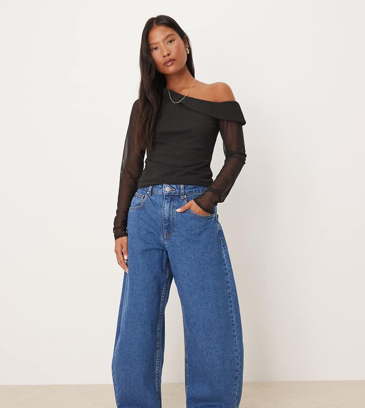 ASOS Petite ASOS DESIGN Petite high rise barrel leg jeans in mid blue