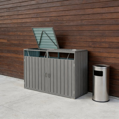 Flattery Metal Outdoor Garbage Bin Shed Stores Two Trash Cans With Ventilation Lockable Doors And Rust-Resistant Construction.